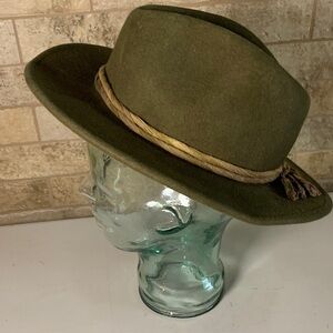 Braxton Felt Fedora Olive Green Western boho Hat with Rope Band XS 54cm